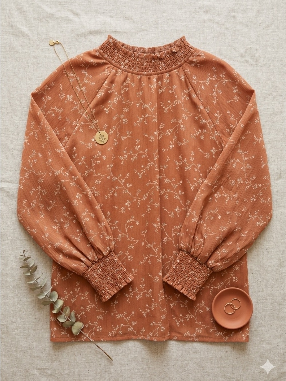 Böhme Terracotta Smocked Collar Flowy Floral Blouse Size M